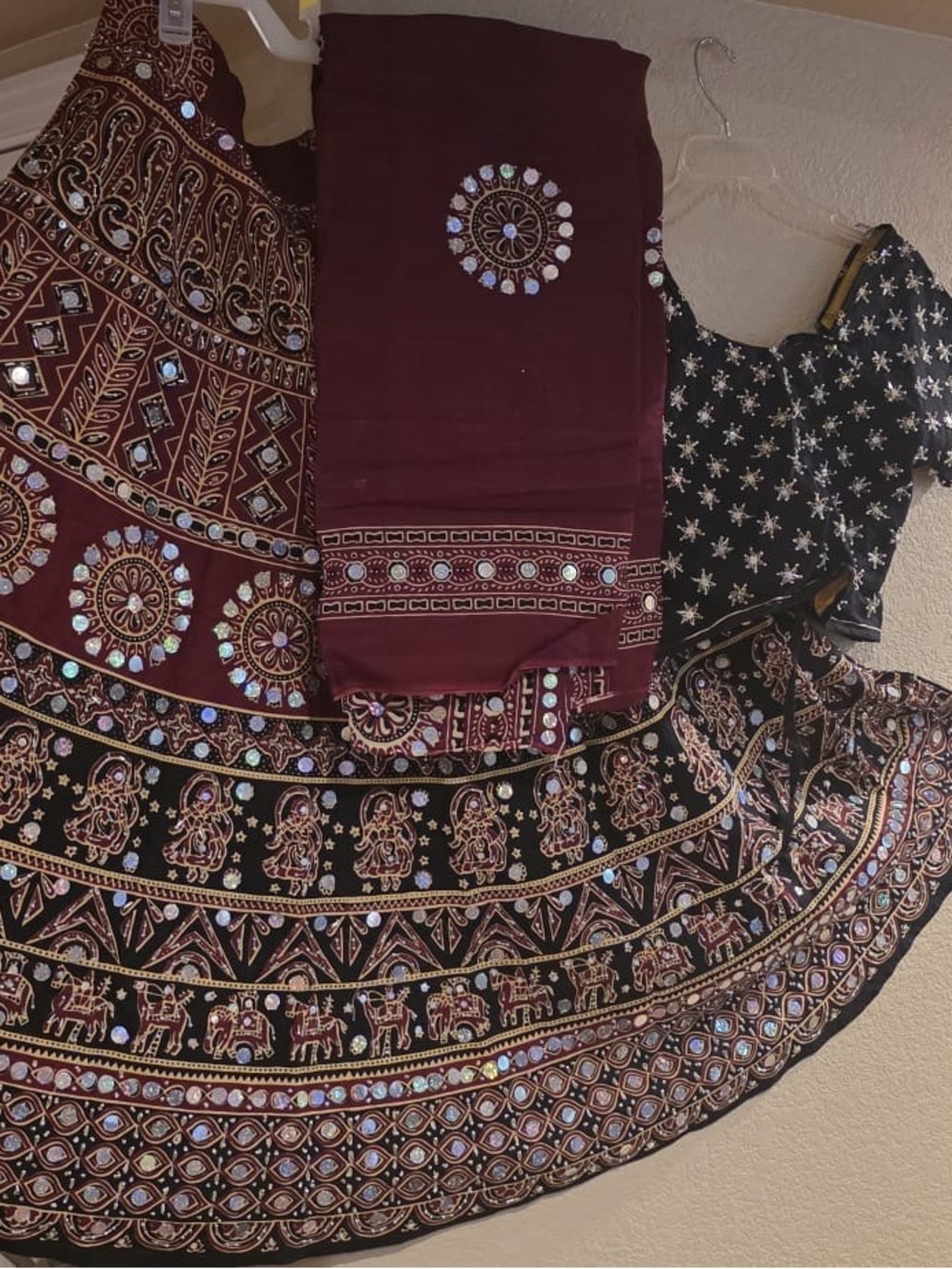 Dandiya/garba outfit- Embroidered Maroon and Black Mirrorwork long Skirt Set